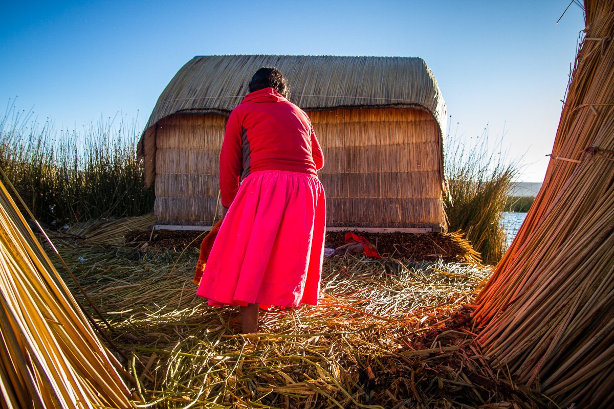 Los Uros floating islands pink dress